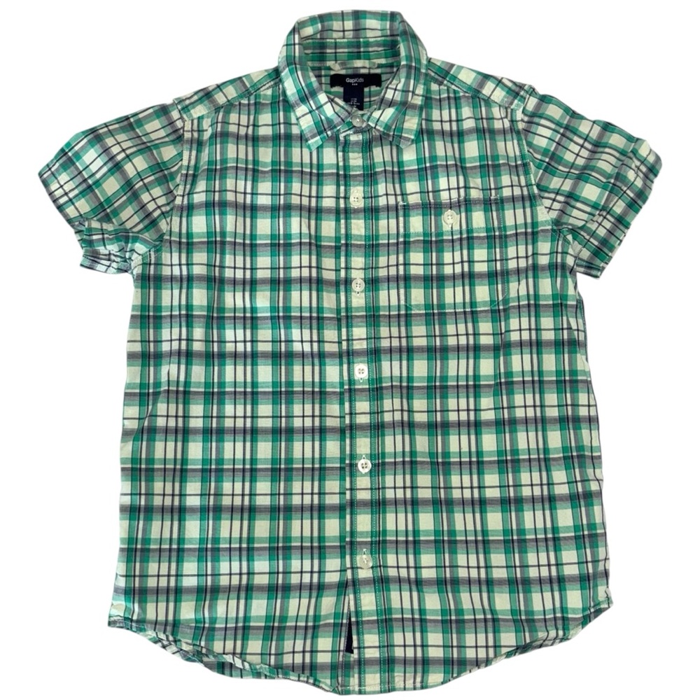 Gap Kids Outlet Boys Size M Button Up Short Sleeve Shirt Green Plaid